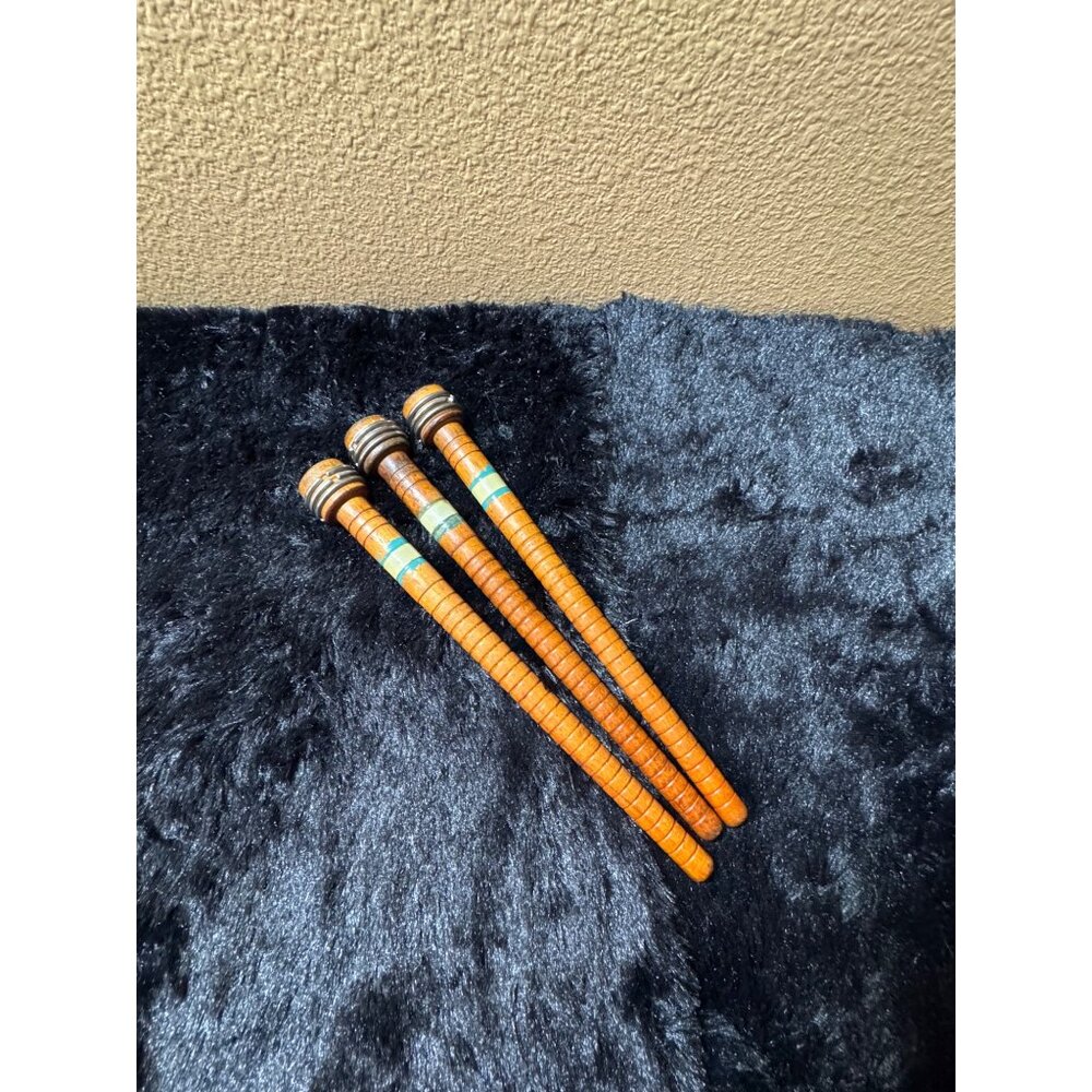 Vintage Wooden Textile Bobbins With Metal Bands Set Of 3
